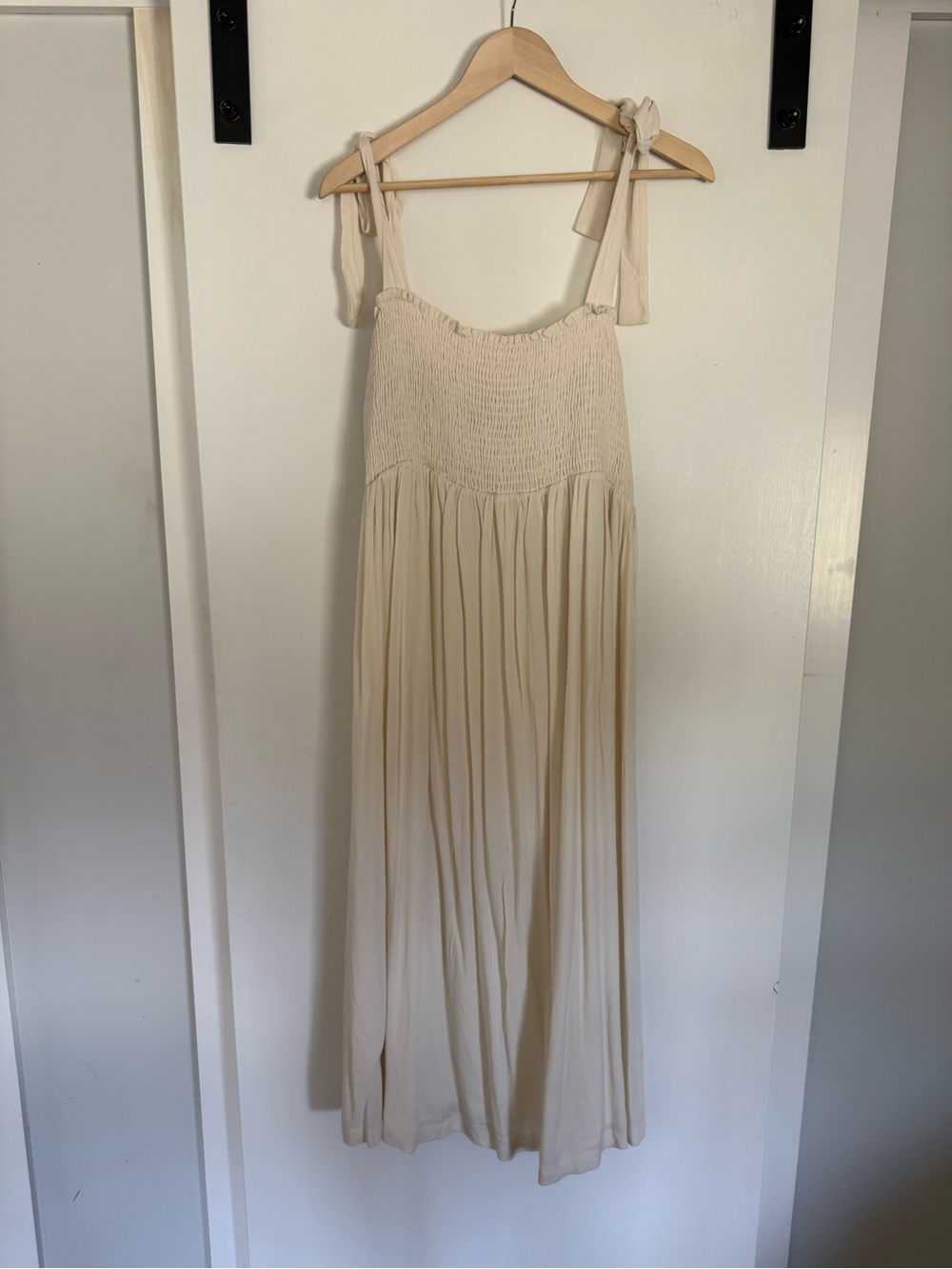 Hello MIZ Cream Smocked Tie-Shoulder Maxi Dress